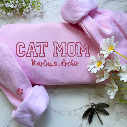 Custom Embroidered Cat Mom with Names Hoodie