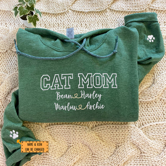 Custom Embroidered Cat Mom with Names Hoodie