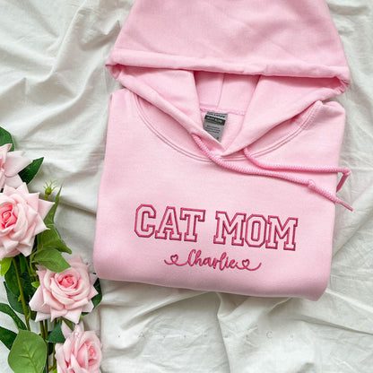 Custom Embroidered Cat Mom with Names Hoodie