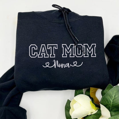 Custom Embroidered Cat Mom with Names Hoodie