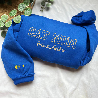 Custom Embroidered Cat Mom with Names Hoodie