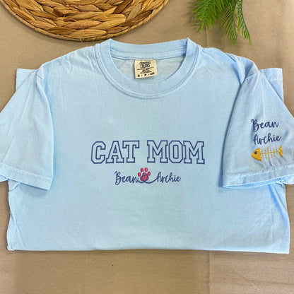 Custom Embroidered Cat Mom with Names T-Shirt