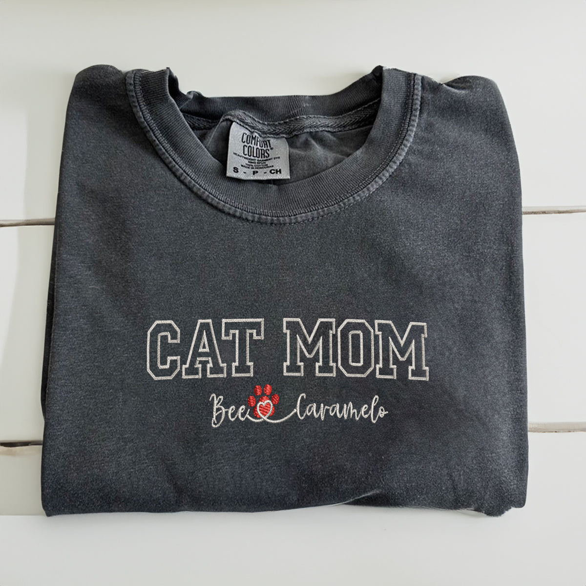 Custom Embroidered Cat Mom with Names T-Shirt