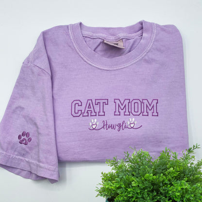 Custom Embroidered Cat Mom with Names T-Shirt