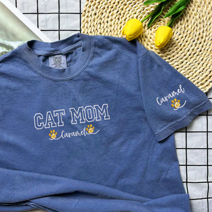 Custom Embroidered Cat Mom with Names T-Shirt