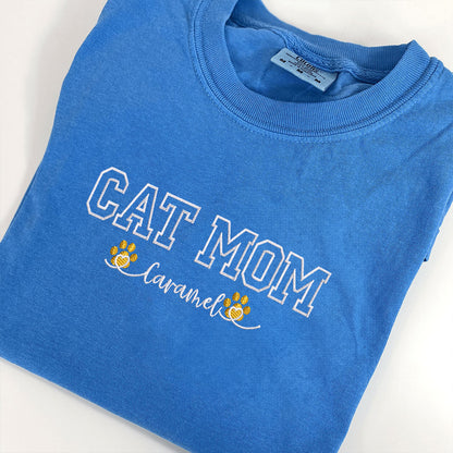 Custom Embroidered Cat Mom with Names T-Shirt