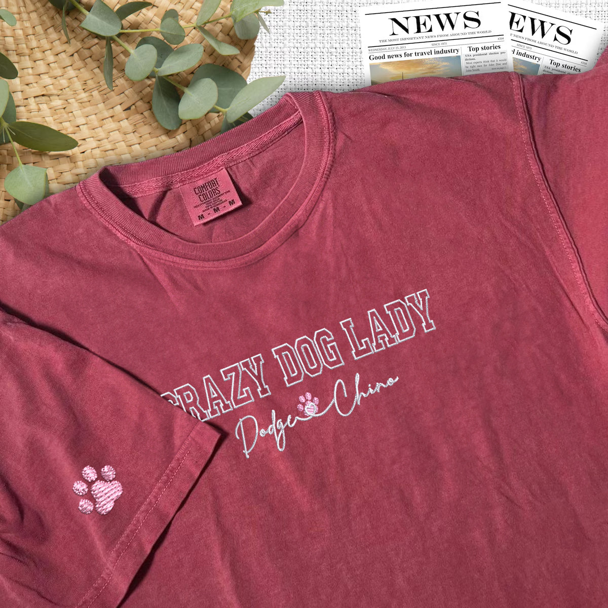 Custom Embroidered Crazy Dog Lady with Names T-Shirt