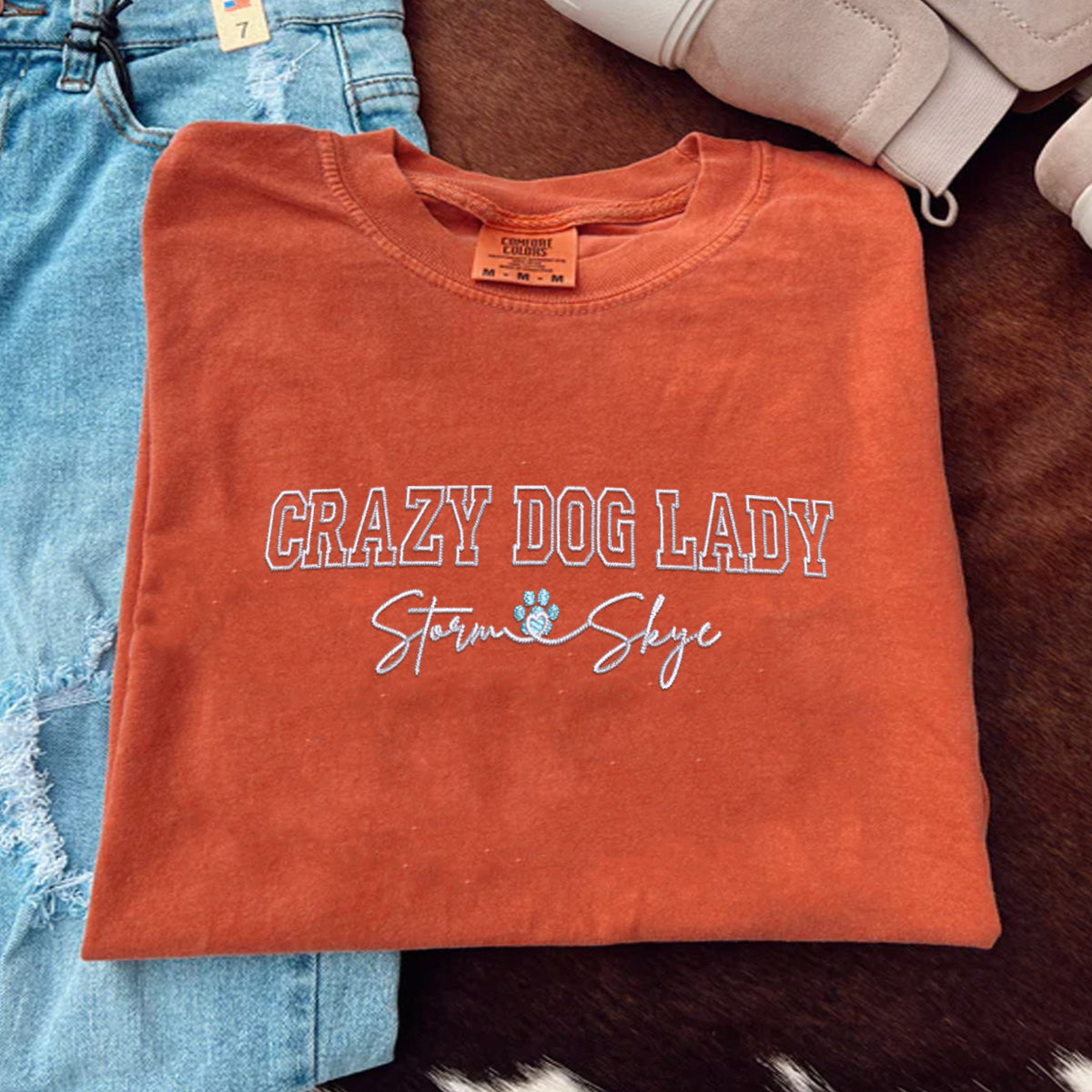 Custom Embroidered Crazy Dog Lady with Names T-Shirt