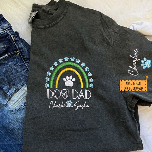 Custom Embroidered Dog Dad Rainbow with Names T-Shirt