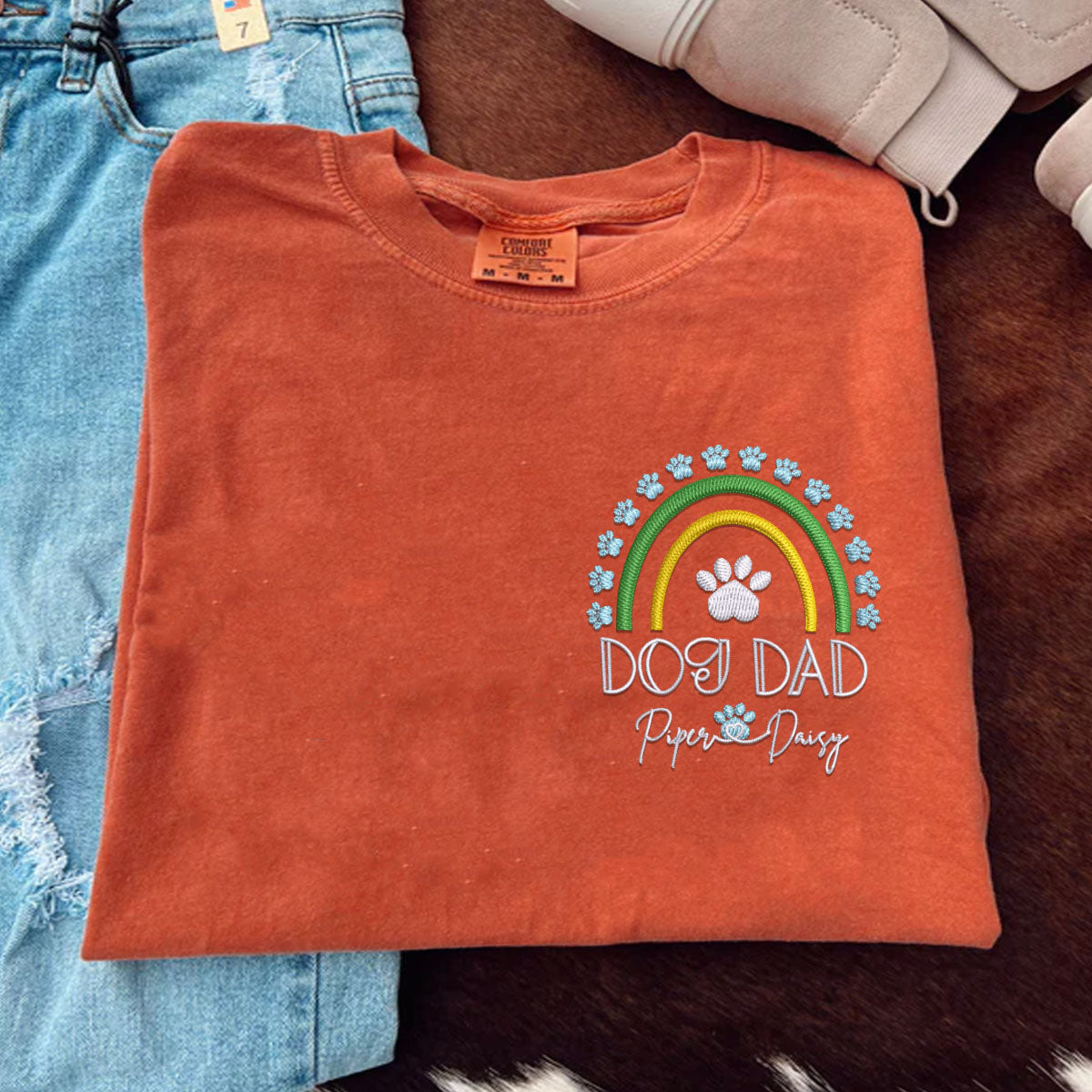 Custom Embroidered Dog Dad Rainbow with Names T-Shirt