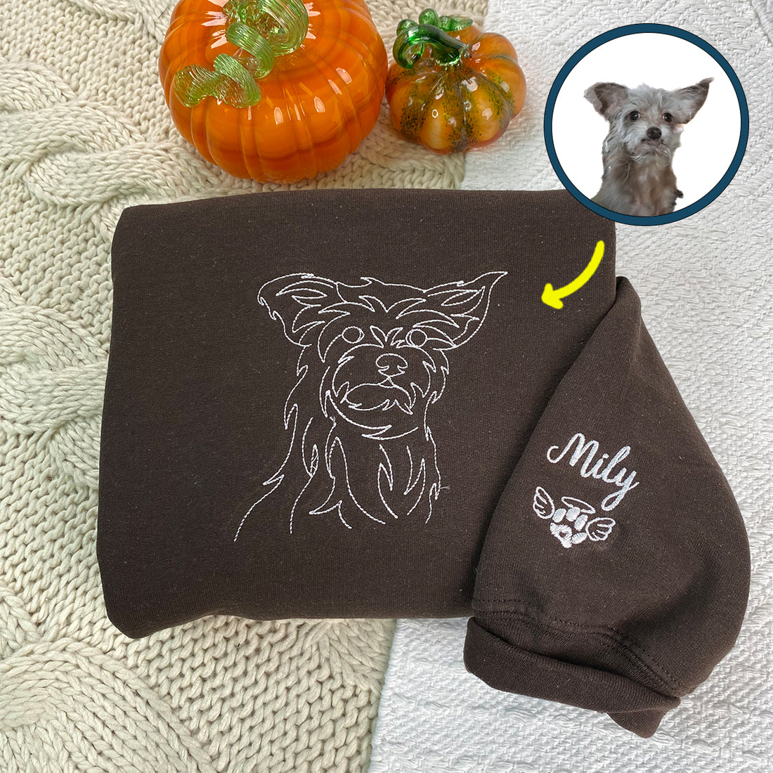 Custom Embroidered Dog Face Sweatshirt Hoodie - Personalized Pet Photo & Name on Sleeve