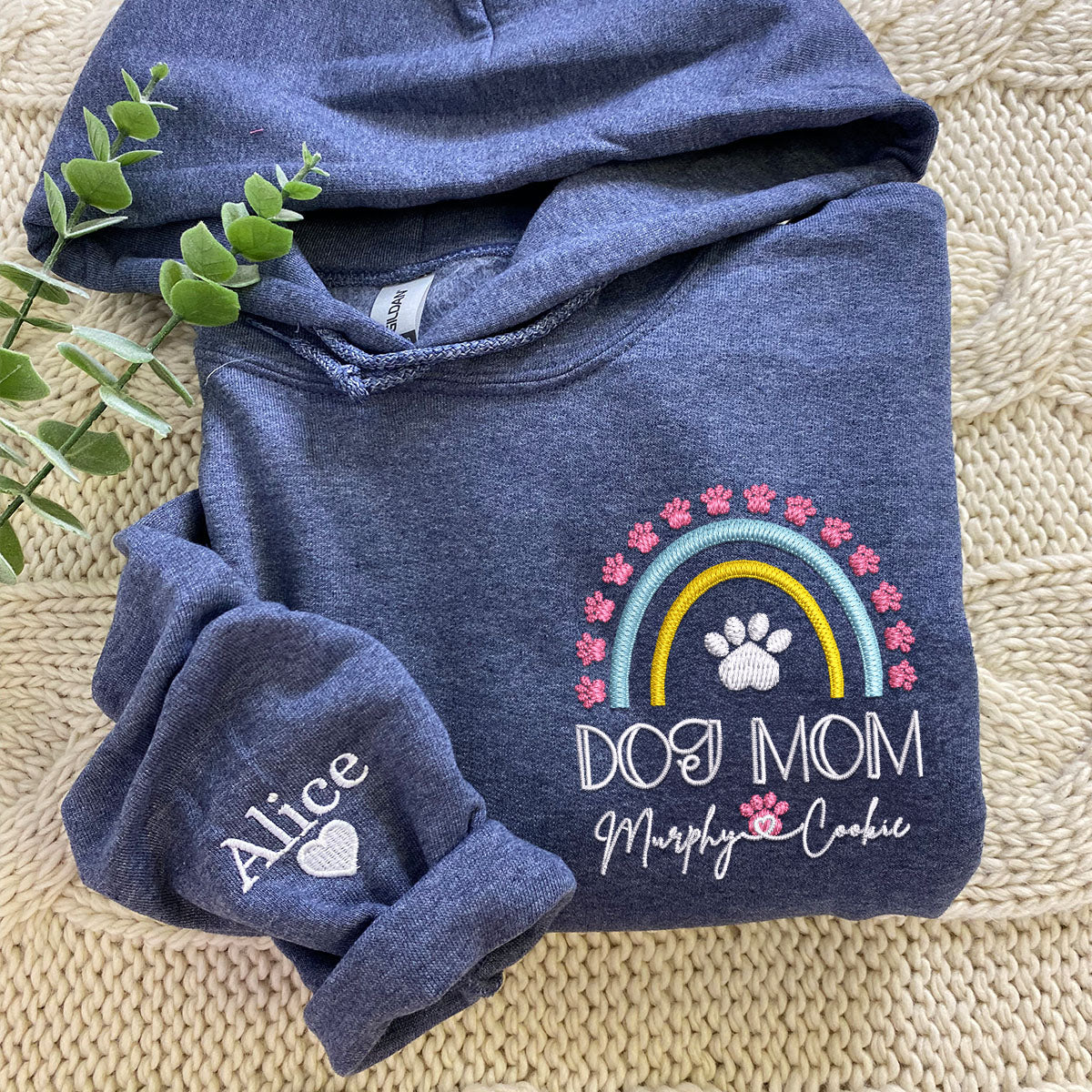 Custom Embroidered Dog Mom Rainbow with Names Hoodie