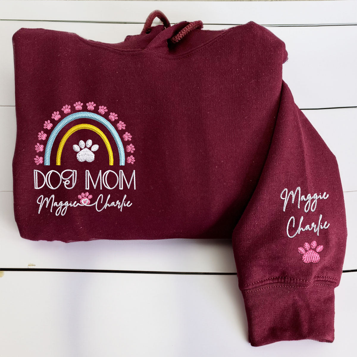 Custom Embroidered Dog Mom Rainbow with Names Hoodie