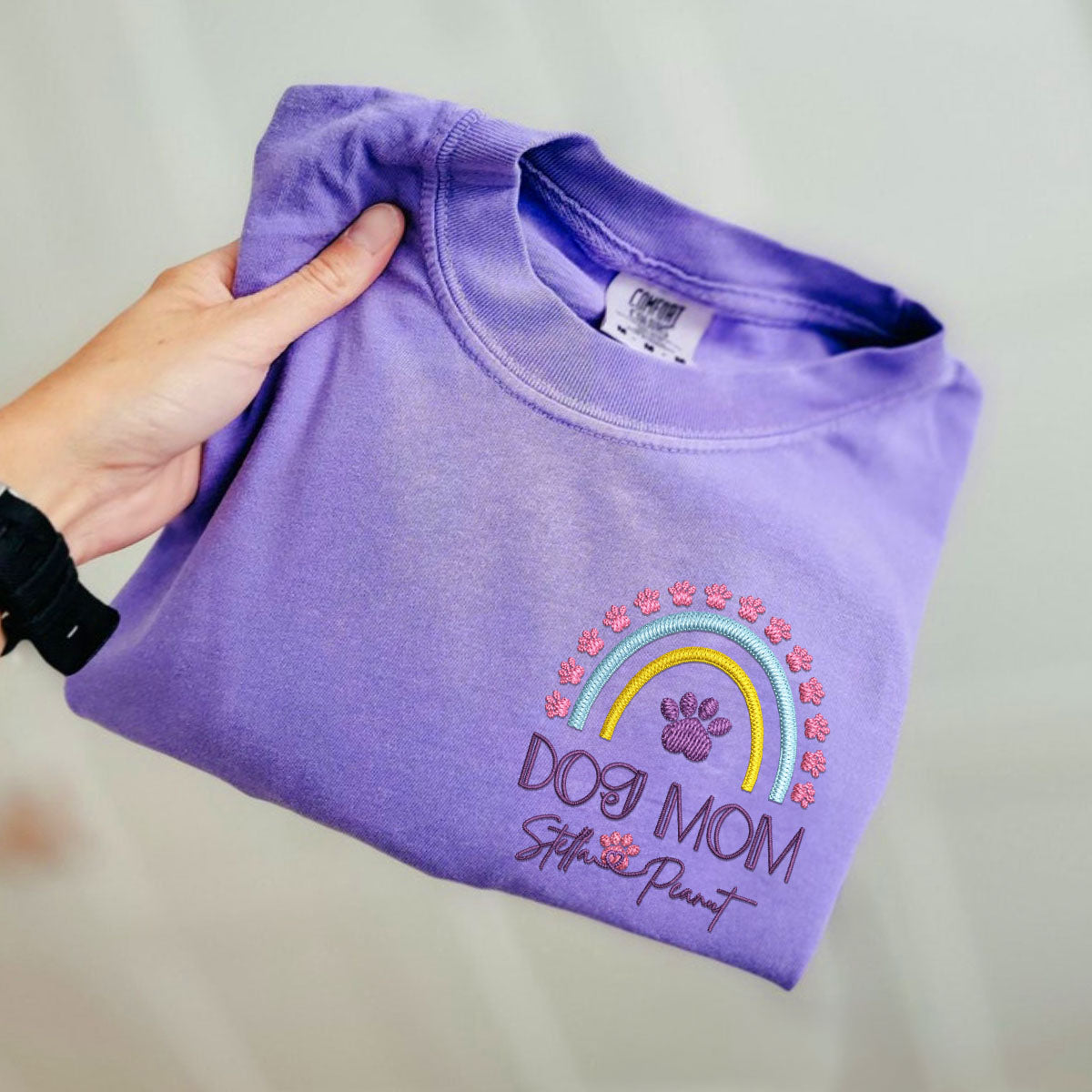 Custom Embroidered Dog Mom Rainbow with Names T-Shirt