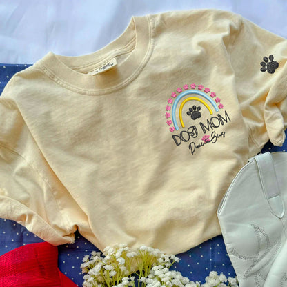 Custom Embroidered Dog Mom Rainbow with Names T-Shirt