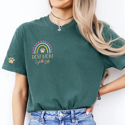 Custom Embroidered Dog Mom Rainbow with Names T-Shirt