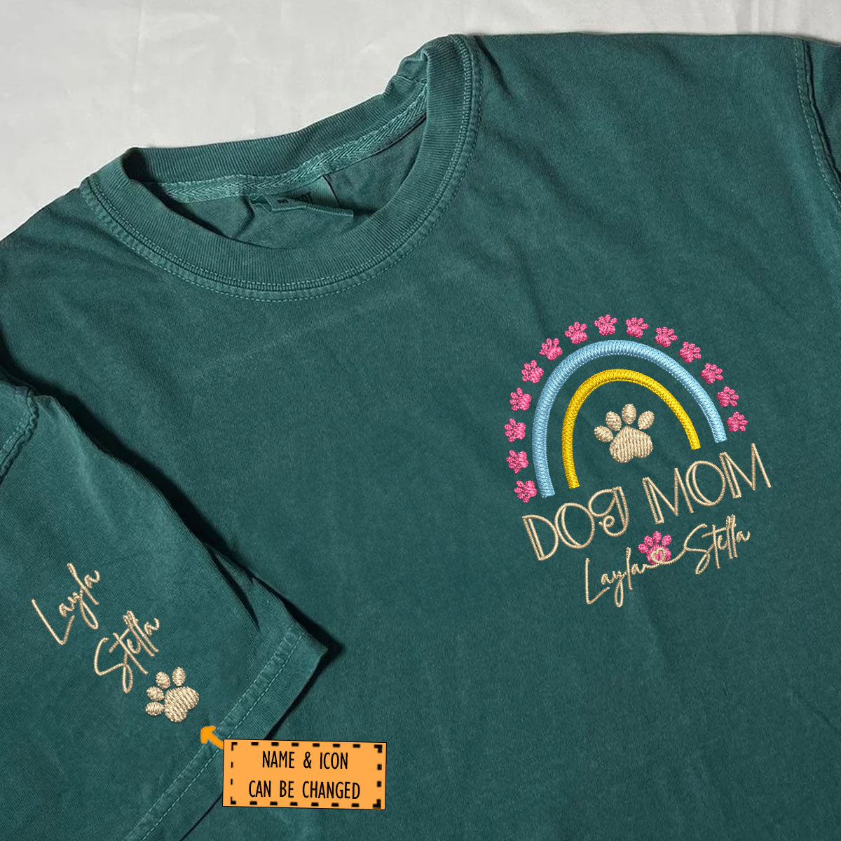 Custom Embroidered Dog Mom Rainbow with Names T-Shirt