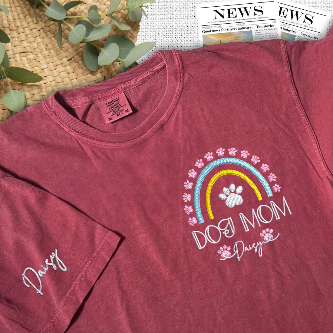 Custom Embroidered Dog Mom Rainbow with Names T-Shirt