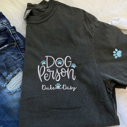 Custom Embroidered Dog Person with Dog Names T-Shirt