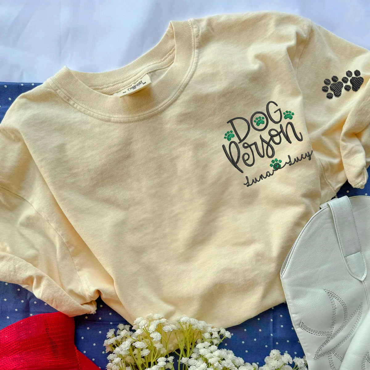 Custom Embroidered Dog Person with Dog Names T-Shirt