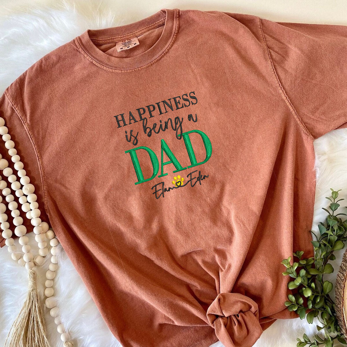 Custom Embroidered Happiness Is Being A Dad with Names T-Shirt