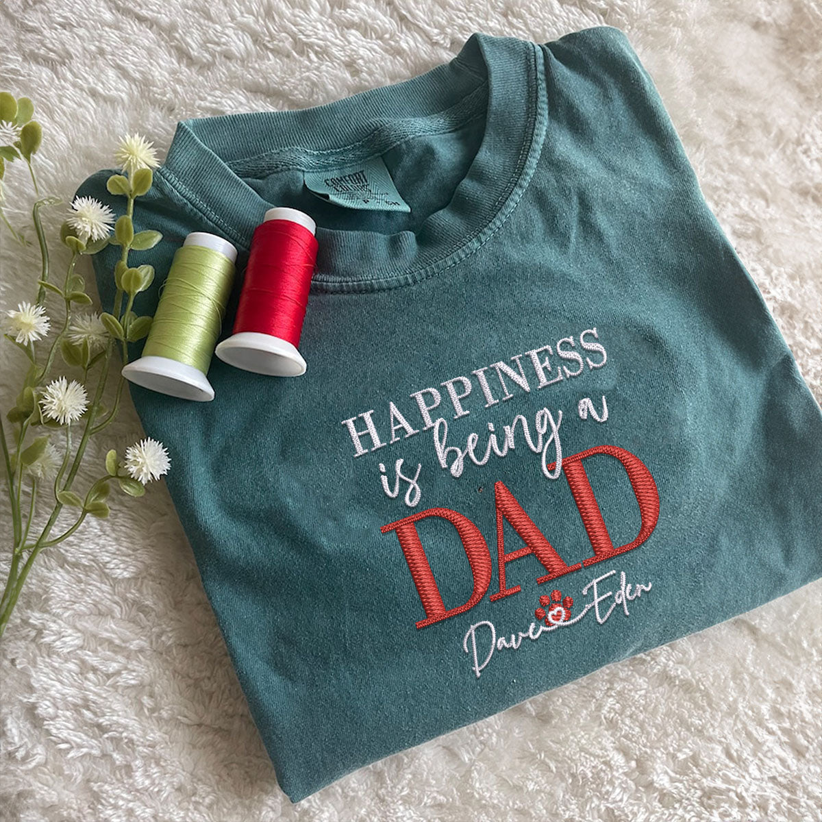 Custom Embroidered Happiness Is Being A Dad with Names T-Shirt