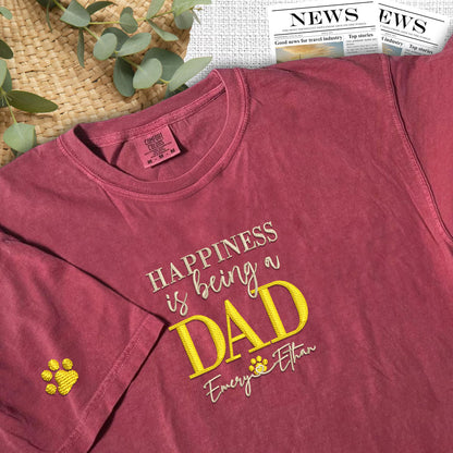 Custom Embroidered Happiness Is Being A Dad with Names T-Shirt