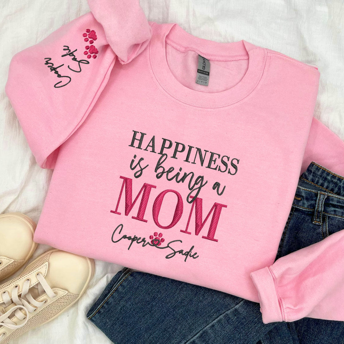 Custom Embroidered Happiness Is Being A Mom with Names Sweatshirt