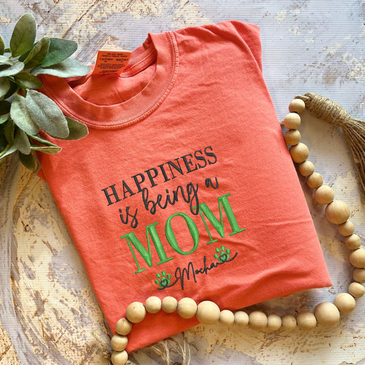 Custom Embroidered Happiness Is Being A Mom with Names T-Shirt