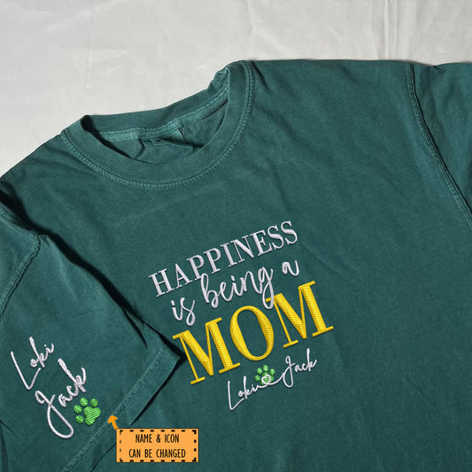 Custom Embroidered Happiness Is Being A Mom with Names T-Shirt