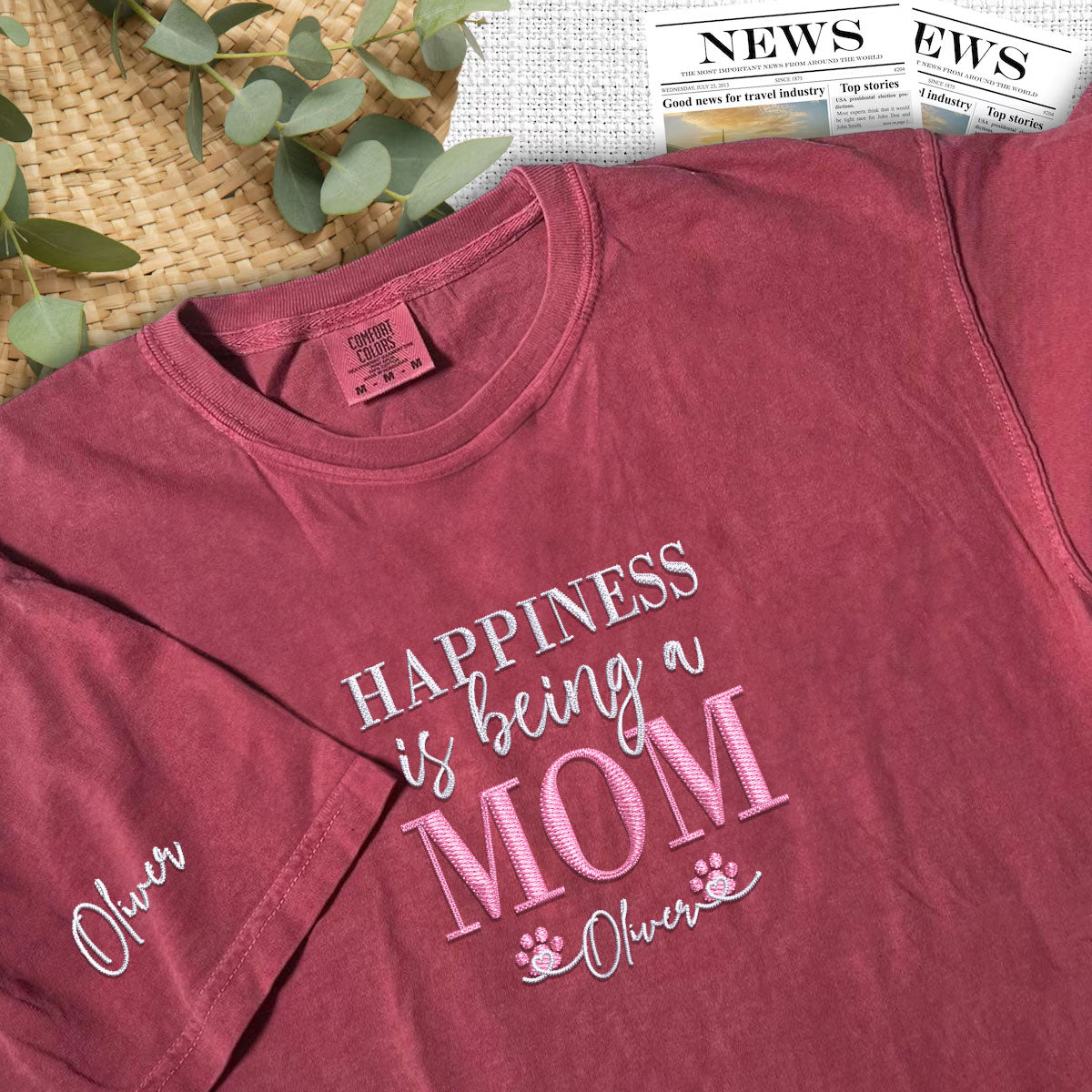 Custom Embroidered Happiness Is Being A Mom with Names T-Shirt