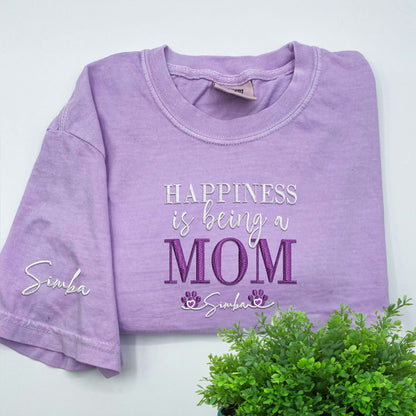 Custom Embroidered Happiness Is Being A Mom with Names T-Shirt