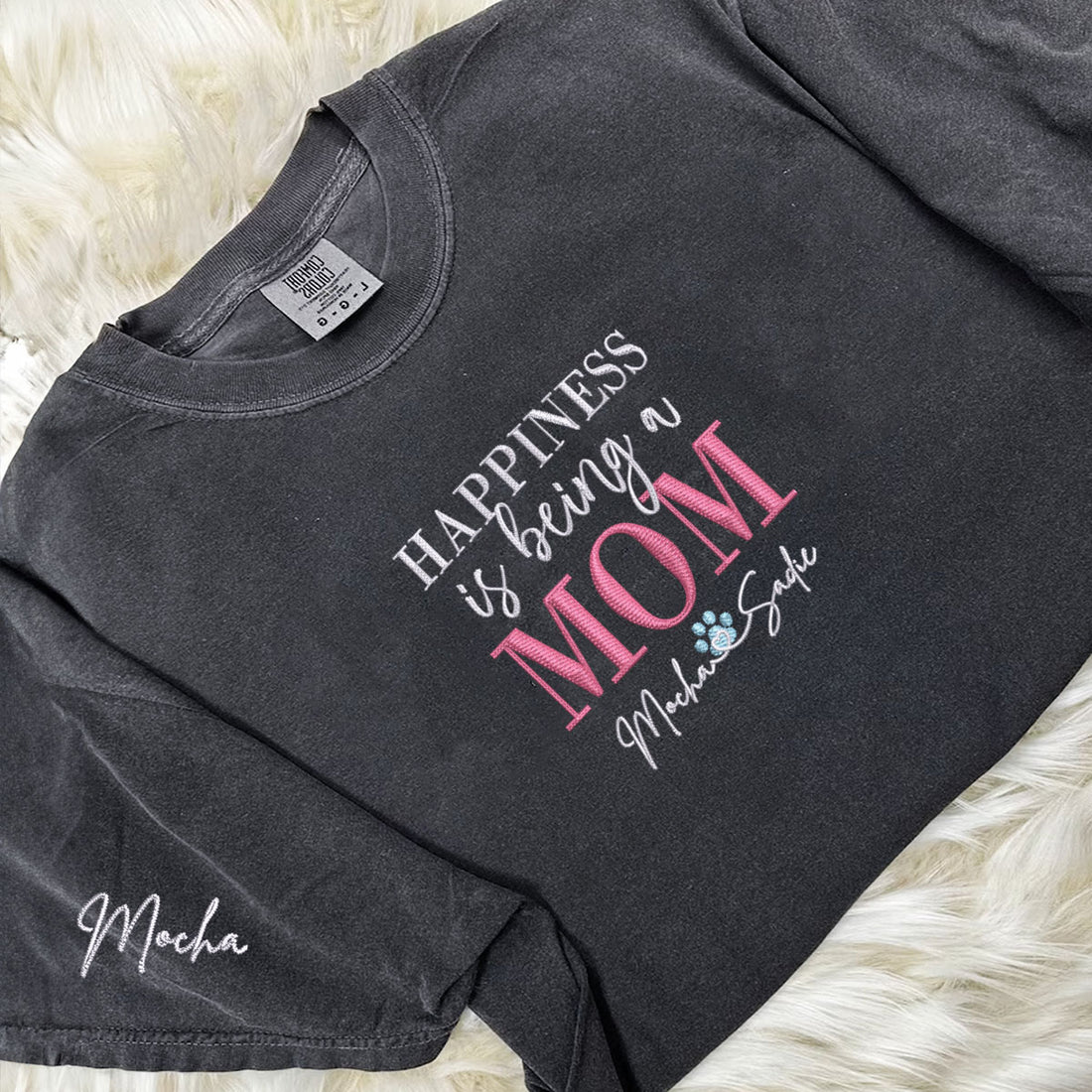 Custom Embroidered Happiness Is Being A Mom with Names T-Shirt