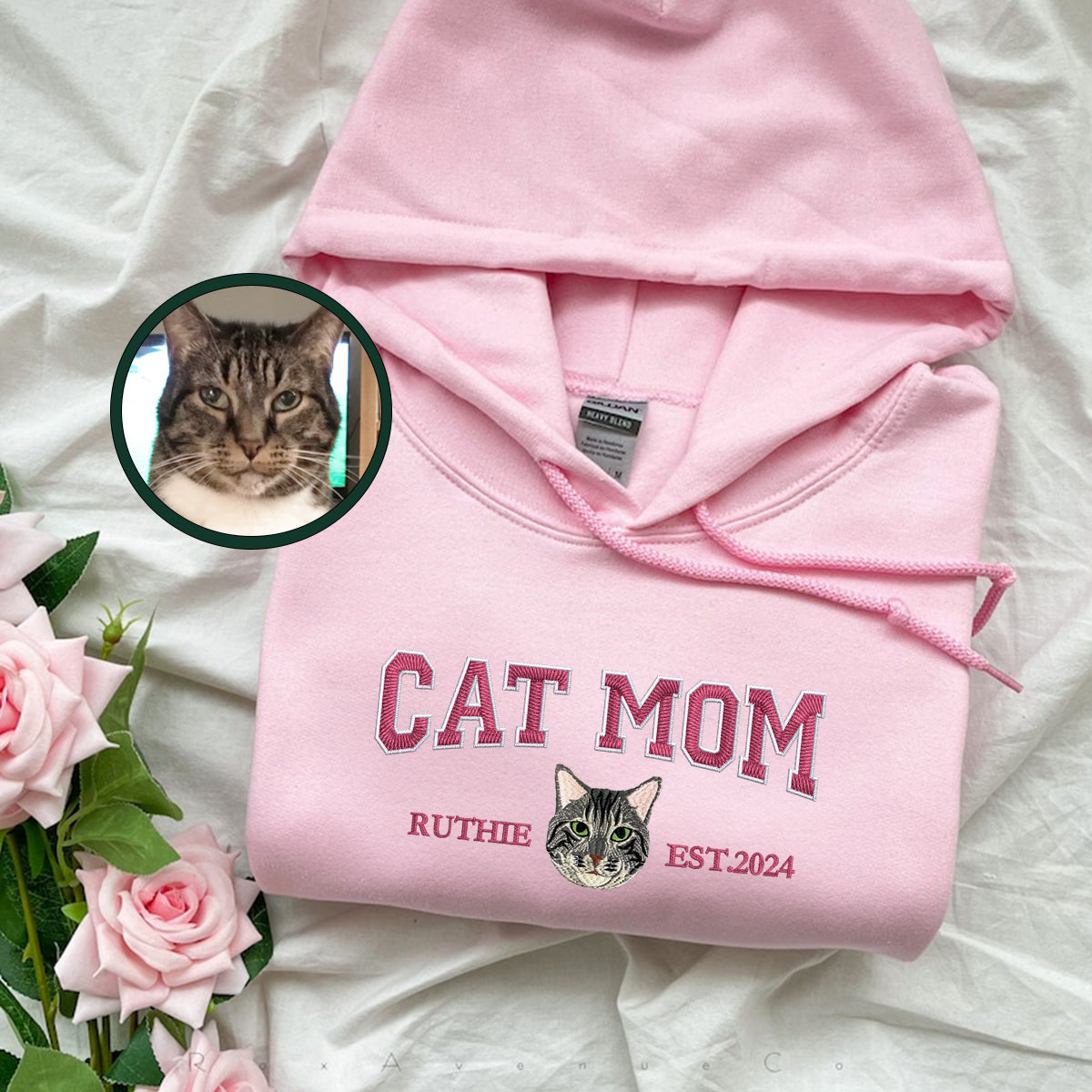 Custom Embroidered Hoodie Varsity Cat Mom for Cat Lovers Nowzent