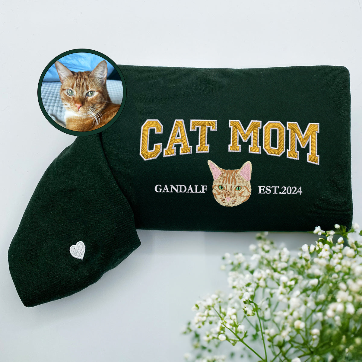 Custom Embroidered Hoodie Varsity Cat Mom for Cat Lovers Nowzent