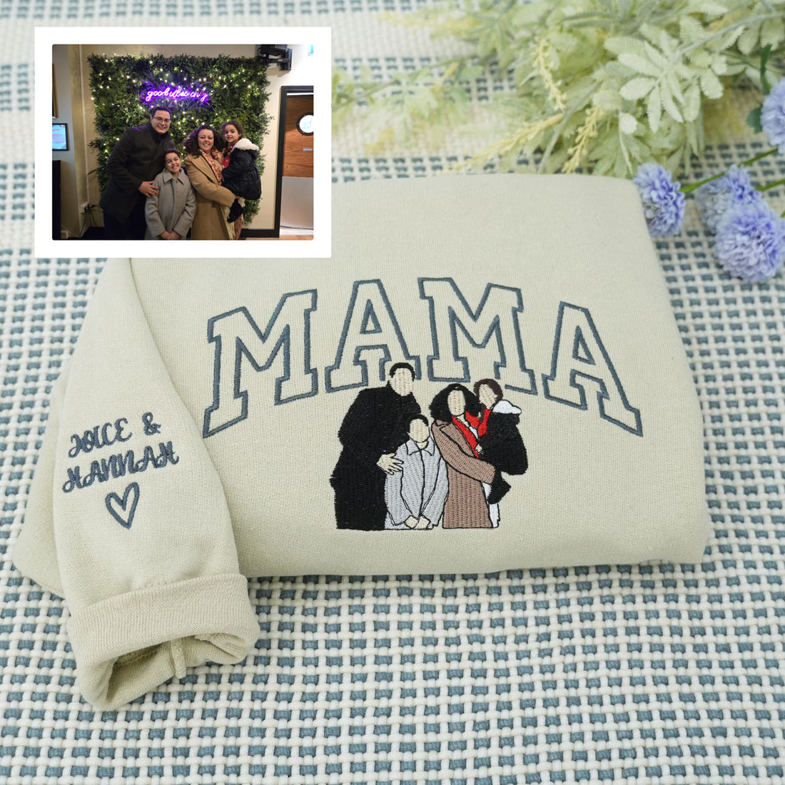 Custom Embroidered Mama with Kids Portrait Sweatshirt & Hoodie – Personalized Mother’s Day Gift