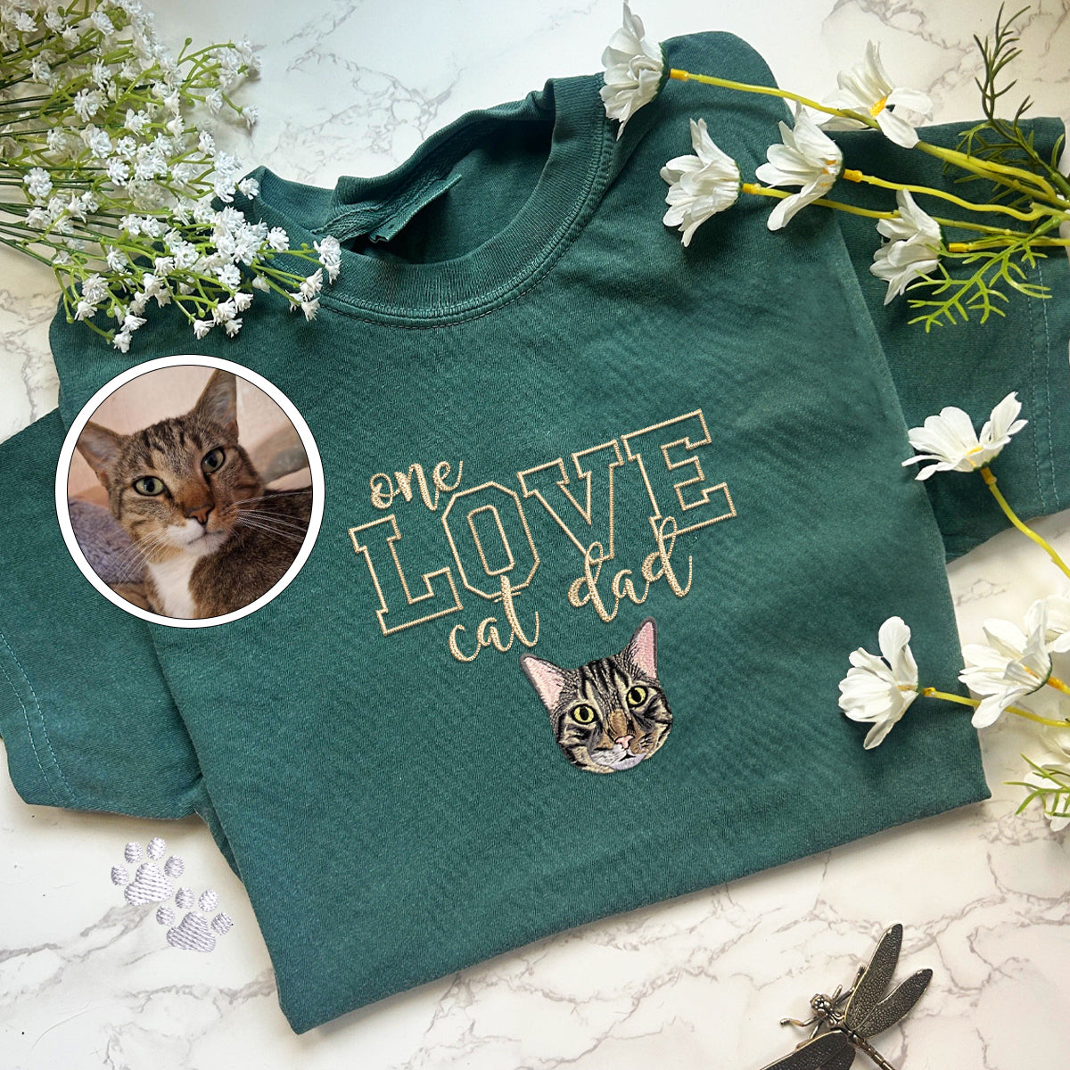 Custom Embroidered One Love Cat Dad T-Shirt