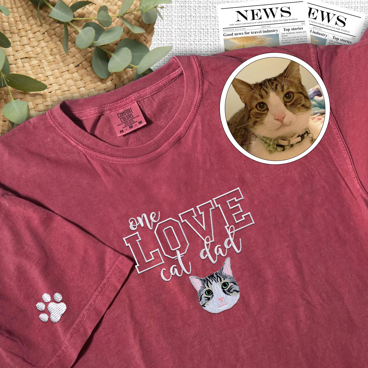 Custom Embroidered One Love Cat Dad T-Shirt