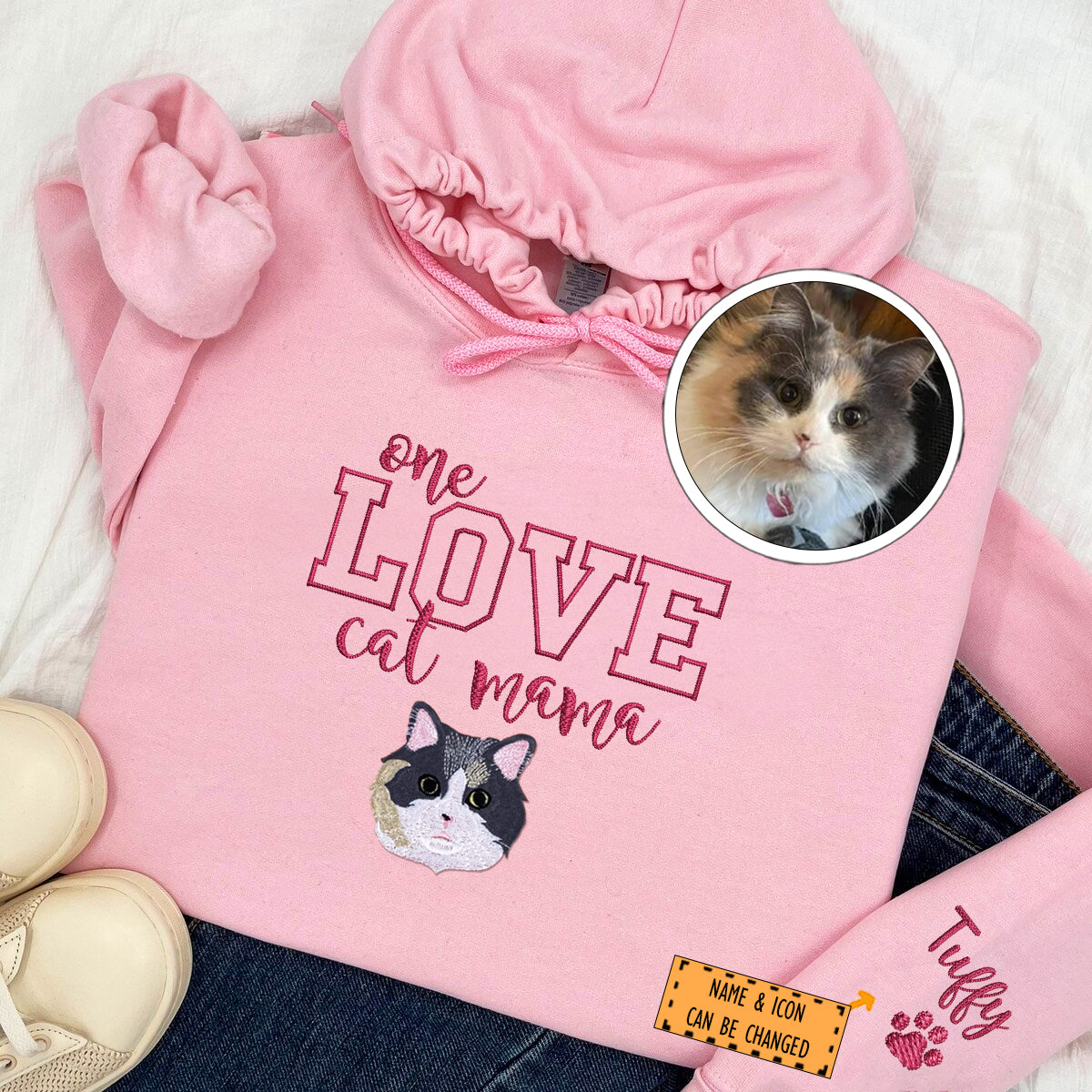 Custom Embroidered One Love Cat Mama Hoodie