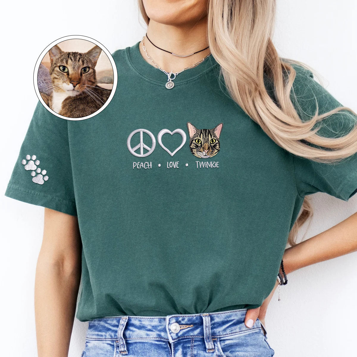 Custom Embroidered Peace Love Pet with Names T-Shirt