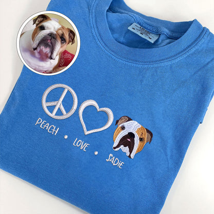 Custom Embroidered Peace Love Pet with Names T-Shirt