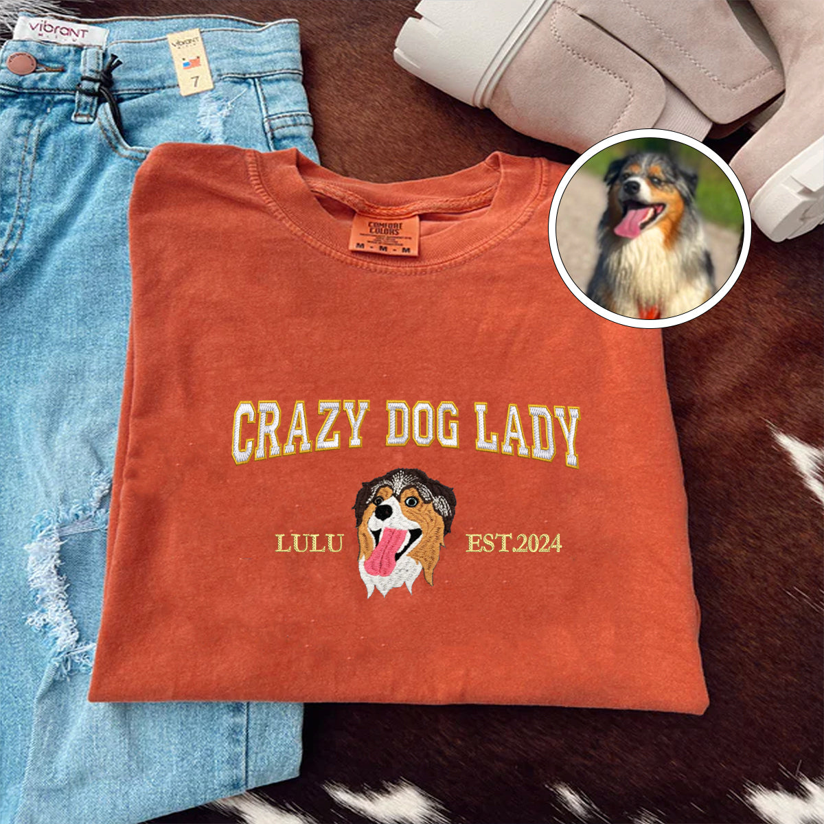 Custom Embroidered Varsity Crazy Dog Lady T-Shirt