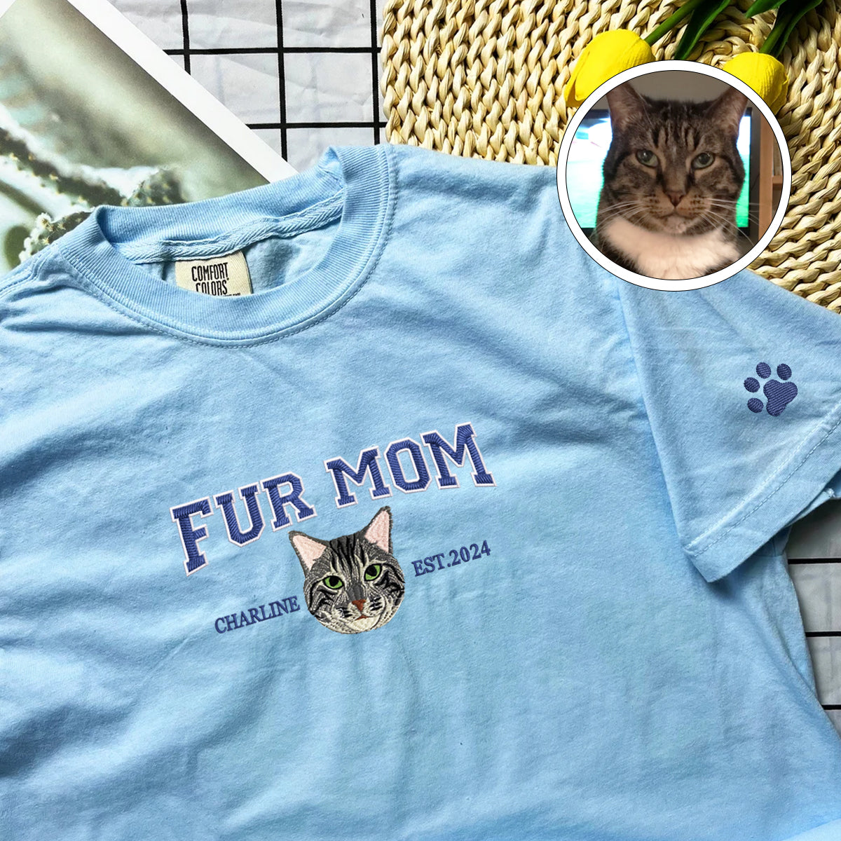 Custom Embroidered Varsity Fur Mom T-Shirt