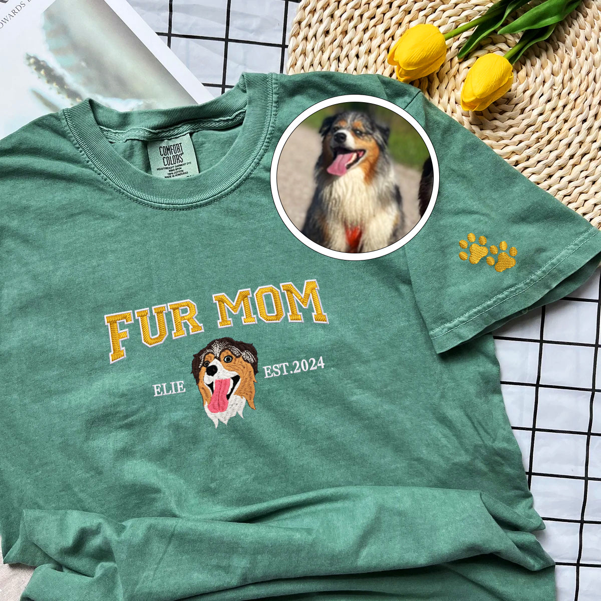 Custom Embroidered Varsity Fur Mom T-Shirt