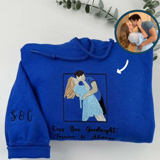 Custom Embroidered Anniversary Sweatshirt & Hoodie with Full-Color Couple Portrait – Personalized Gift
