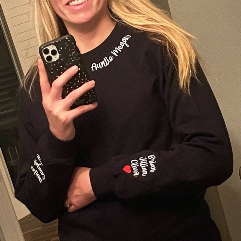 Custom Embroidered Aunt Sweatshirt & Hoodie with Names on Sleeve – Personalized Gift for Aunts