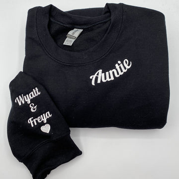 Custom Embroidered Aunt Sweatshirt & Hoodie with Names on Sleeve – Personalized Gift for Aunts