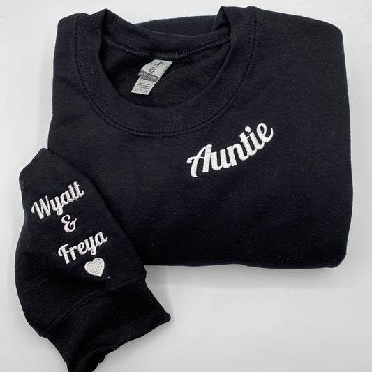 Custom Embroidered Aunt Sweatshirt & Hoodie with Names on Sleeve – Personalized Gift for Aunts