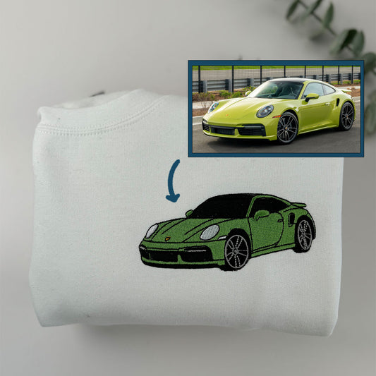 Custom Embroidered Car Portrait Sweatshirt - Personalized Vehicle Photo Hoodie Gift for Car Enthusiasts