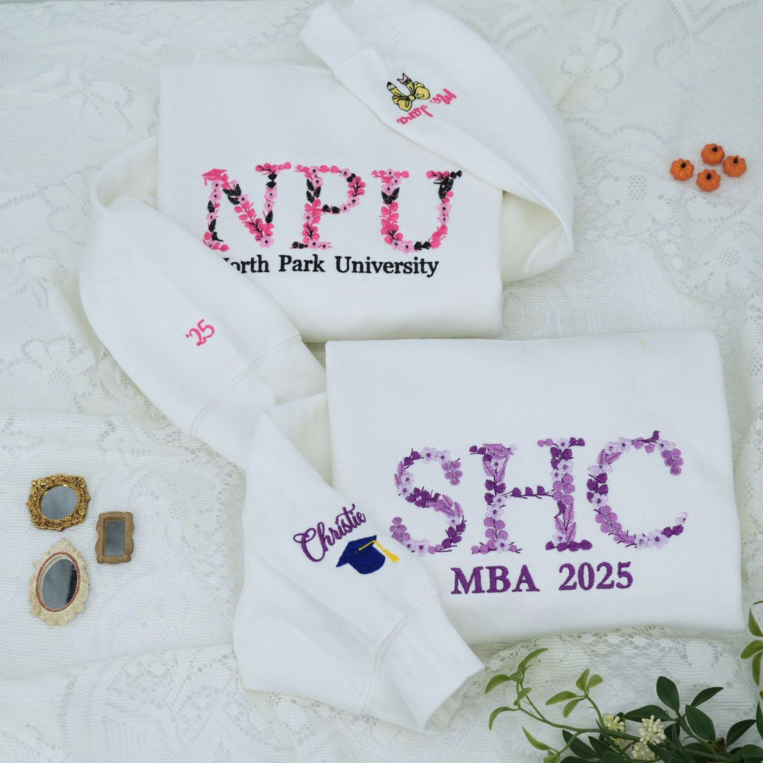 Custom Embroidered College Sweatshirt – Personalized University Hoodie with Floral Embroidery for Graduates & Students